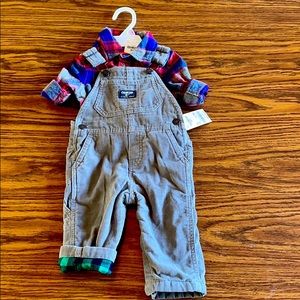 NWT Oshkosh overalls and plaid shirt. 6-9 months.